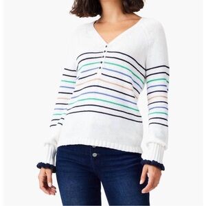 NIC+ZOE Maritime Striped V-Neck Sweater Ruffled Cuffs Size Large